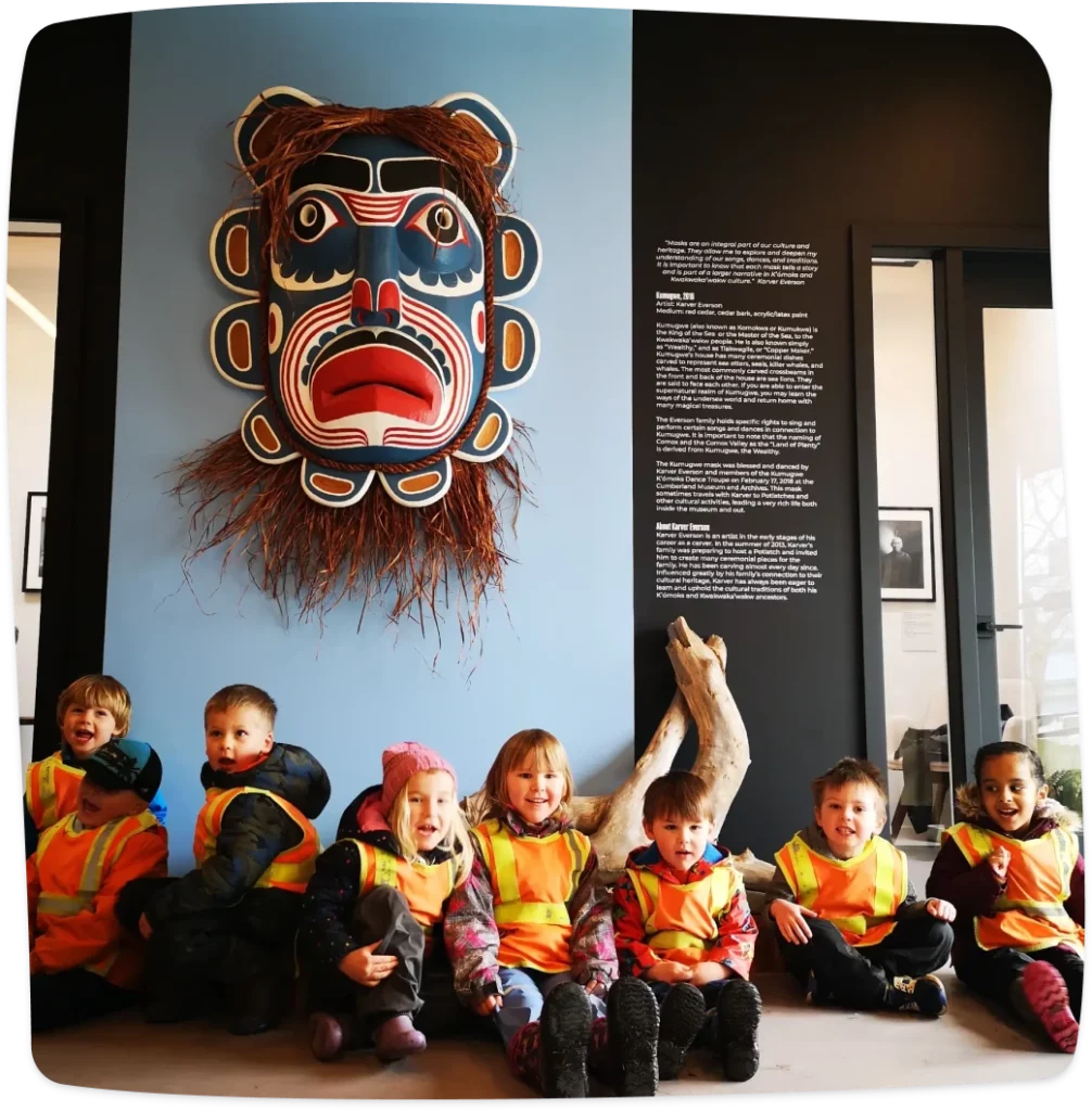 Kids sitting in front of indigenous art